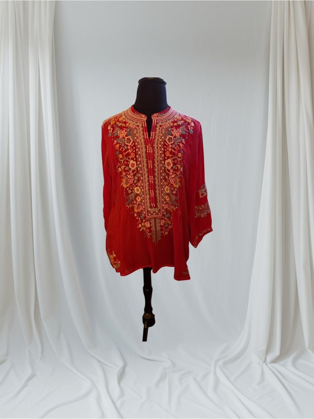Johnny Was Red Embroidered Tunic Blouse with Floral Yoke